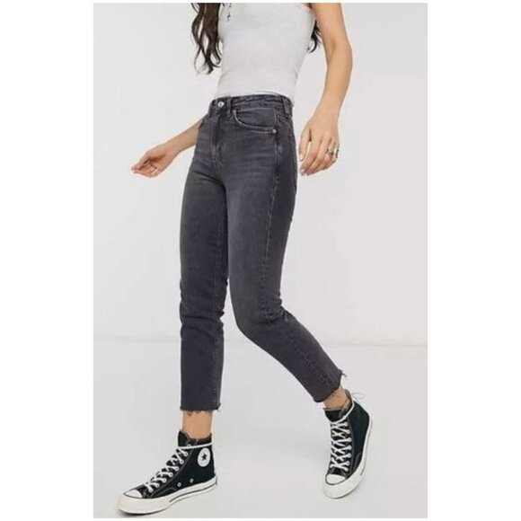 Topshop Denim - TOPSHOP Jeans Moto Straight Leg High Waist Raw Hem Denim Black SZ W28 L30